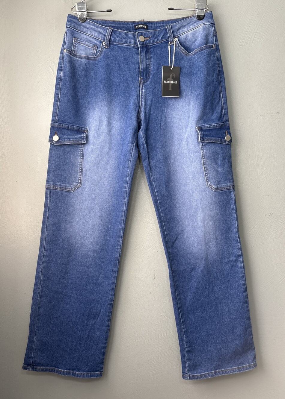 Flamingals Cargo Jeans Women Size XL Blue Denim Streetwear Straight Leg 90s Vibe